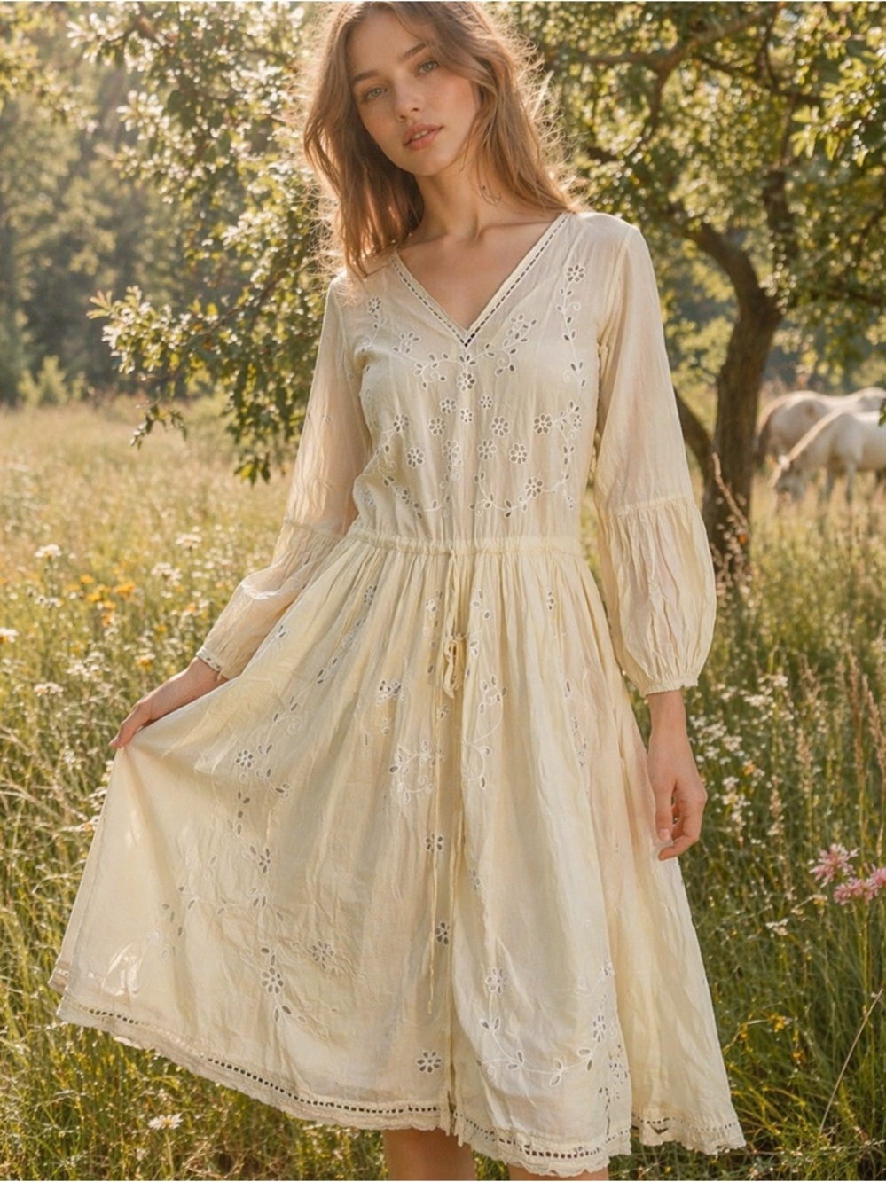 Chasing Unicorns Vintage Inspired Pale Yellow Eyelet Cotton Cottagecore Dress